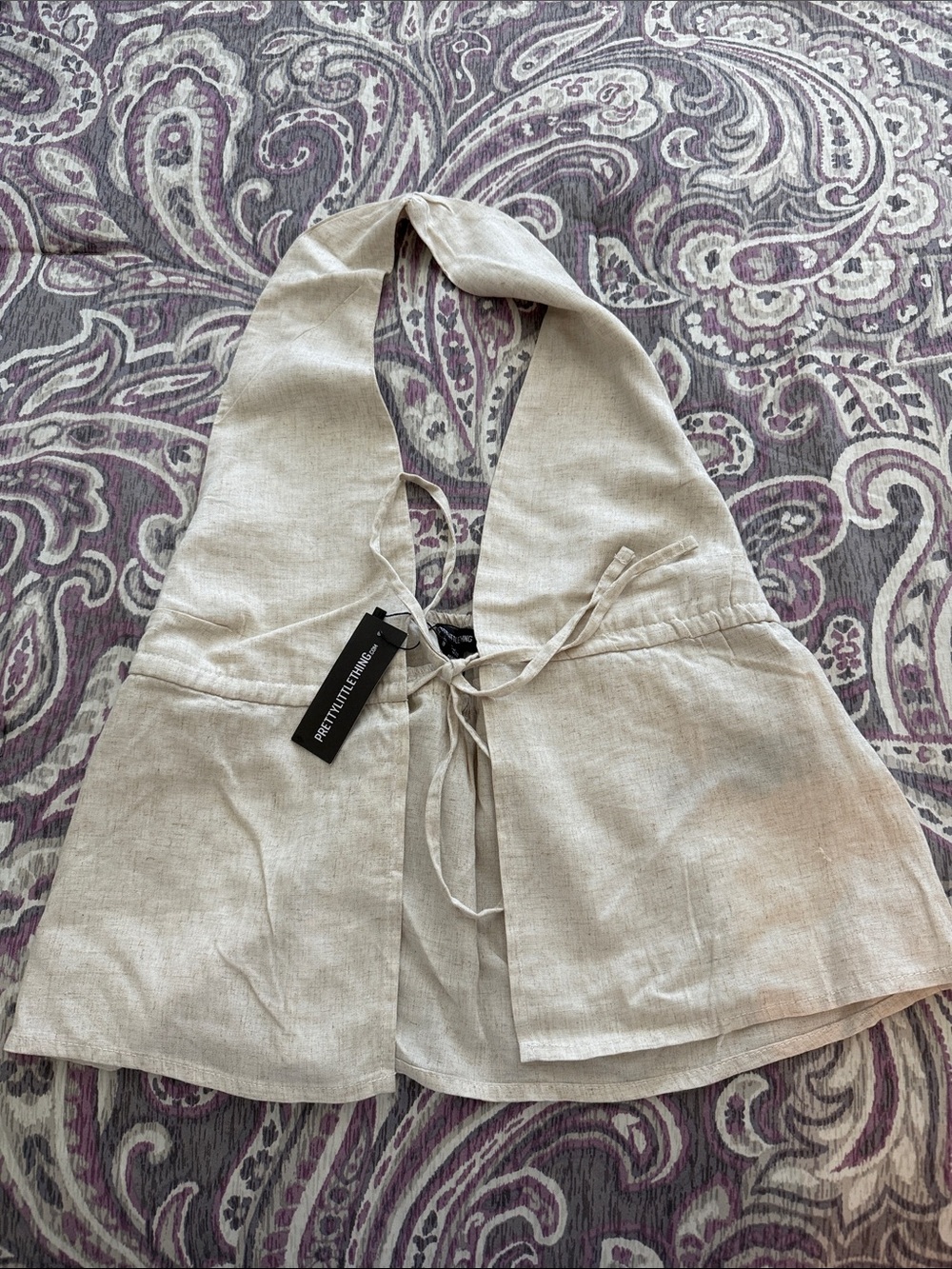 PrettyLittleThing Beige Halter Tie-Front Linen Blend Top